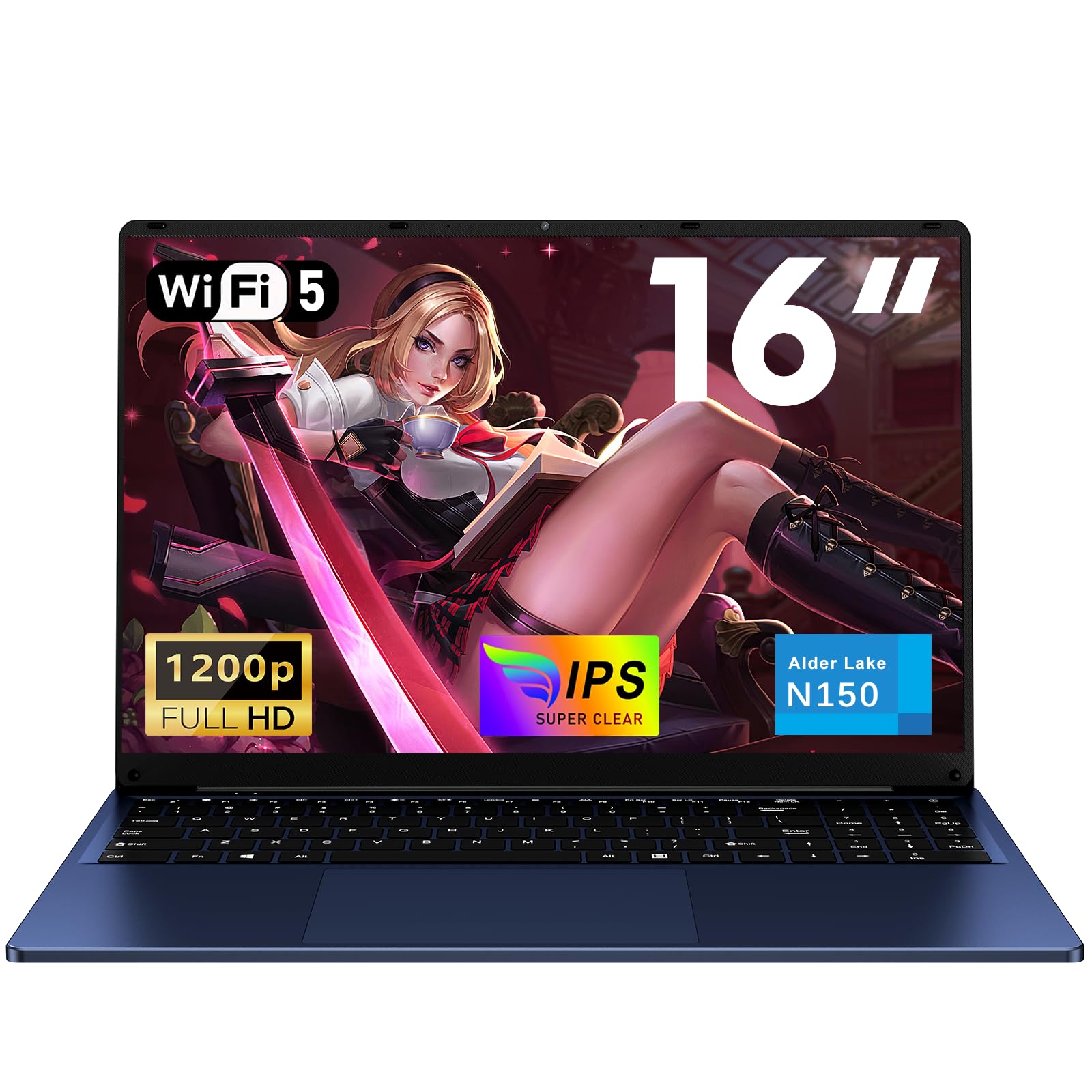 NAIKLULU 16 Pollici Computer Portatile Processor N150(1,2 a 3,6 GHz), RAM 16GB SSD 512GB PC Portatile Laptop 2025 Notebook, 1920x1200P/Tastiera Completa Retroilluminata/Webcam/6000Mah