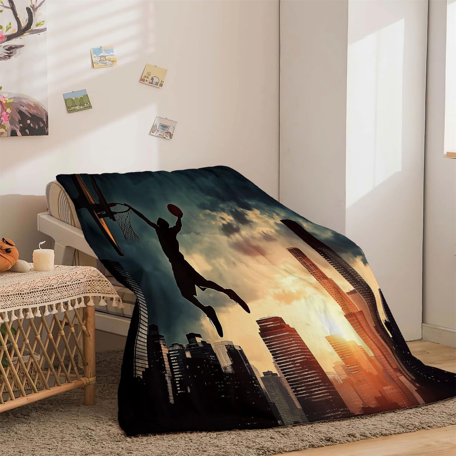 Koc z miękkiego polaru Koszykarz Sylwetka Przytulny Zimowy Jesień Sofa Szary Koc Z Mikrofibry Puszysty, do łóżka Salon Dzieci i Dorośli 150 X 200 cm