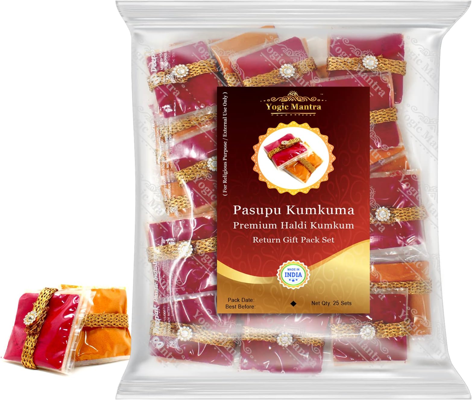 Yogic Mantra Pasupu Kumkuma Return Gift Packets | Set of 25 Haldi Kumkum Mini Packs | Premium Kumkum and Turmeric Powder Combo | Indian Thamboolam Set for Durga Puja | Thambulam Give Away Pooja Gifts