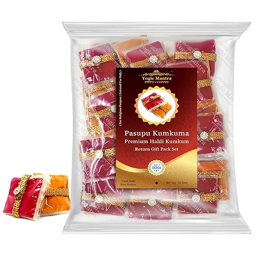 Yogic Mantra Pasupu Kumkuma Return Gift Packets | Set of 25 Haldi Kumkum Mini Packs | Premium Kumkum and Turmeric Powder Combo | Indian Thamboolam Set for Durga Puja | Thambulam Give Away Pooja Gifts