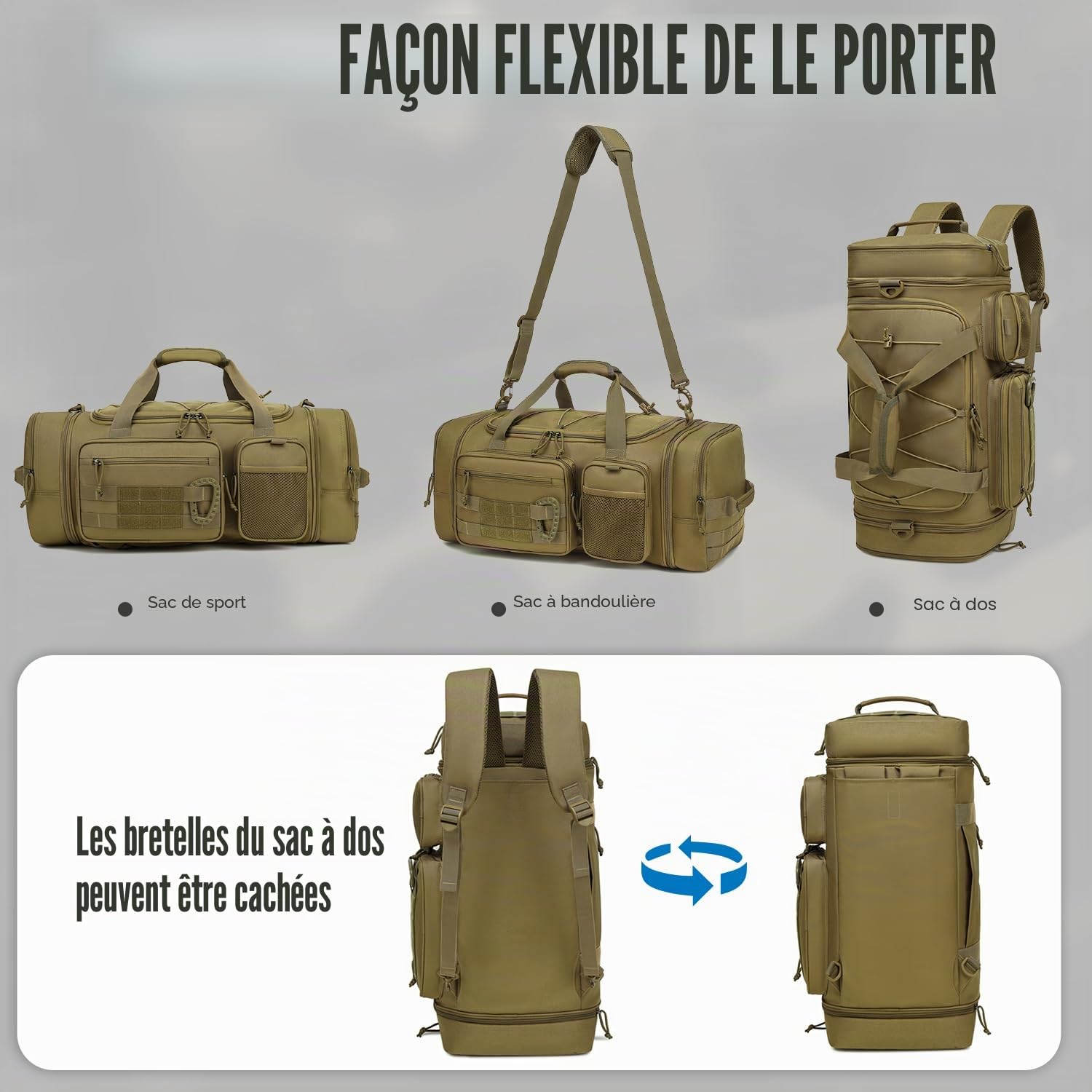Sac de Sport Tactique pour Homme 40-45L Extensible Sac Fitness avec Bretelles et Compartiment à Chaussures 3 en 1 Sac de Voyage Militaire pour Natation Gym Camping Marron