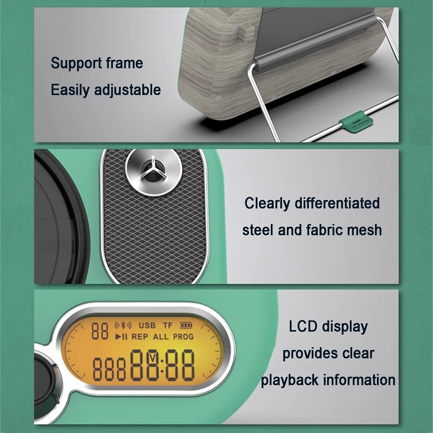 Lettore musicale Bluetooth, lettore CD da tavolo con display LCD, presa USB/TF/cuffie, protezione antislittamento, ricaricabile, per casa e ufficio