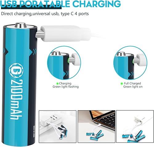 Miniatura 5 de Baterías de litio recargables USB de 1.5 V, tamaño AA, batería doble A de larga duración de 2100 mAh con cable de carga, paquete de 12