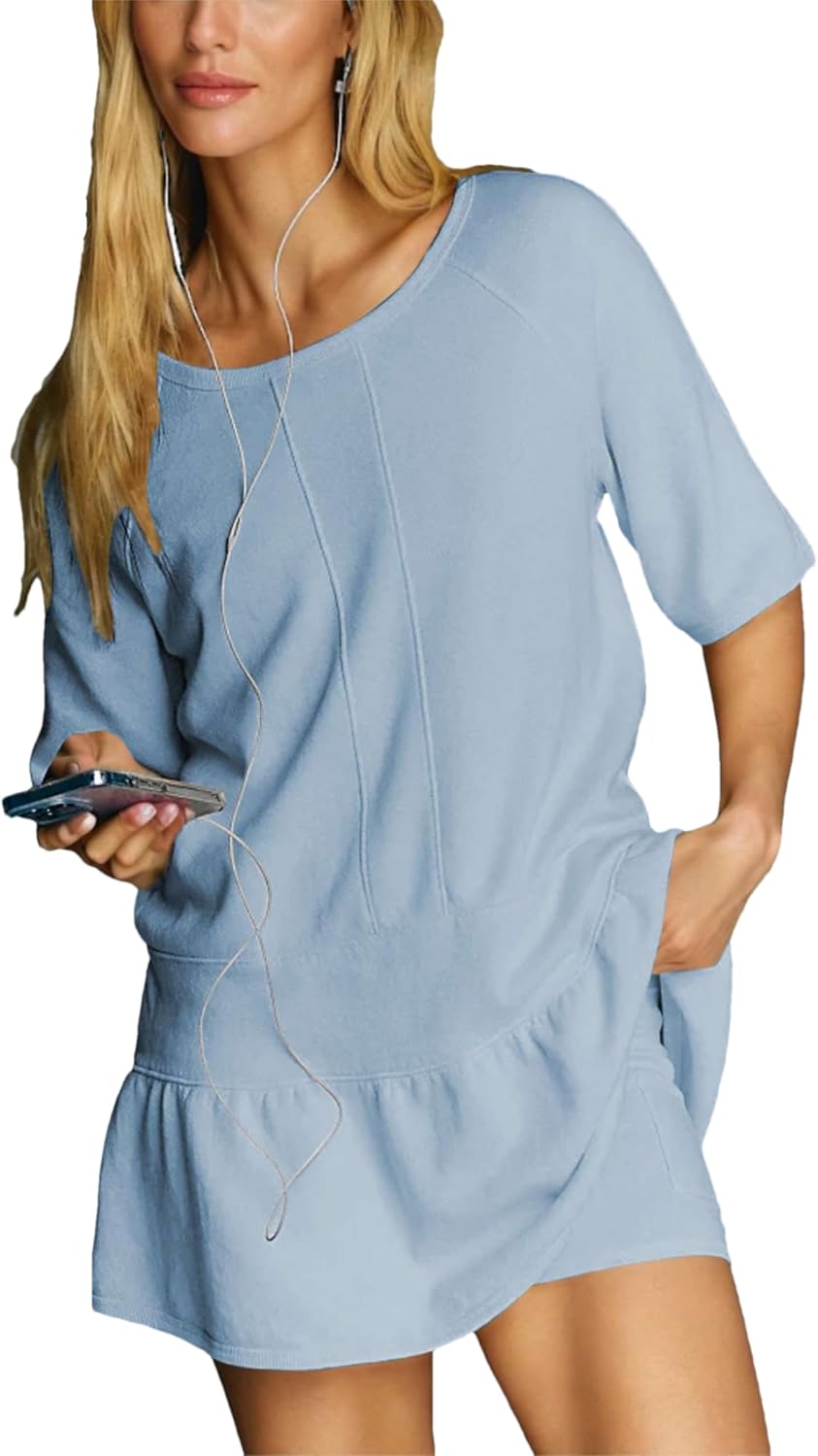 HangNiFang Womens Short Sleeve Athletic Mini Dress with Shorts Summer Workout Tennis Active Oversized Outfits(1260-Blue-XL)