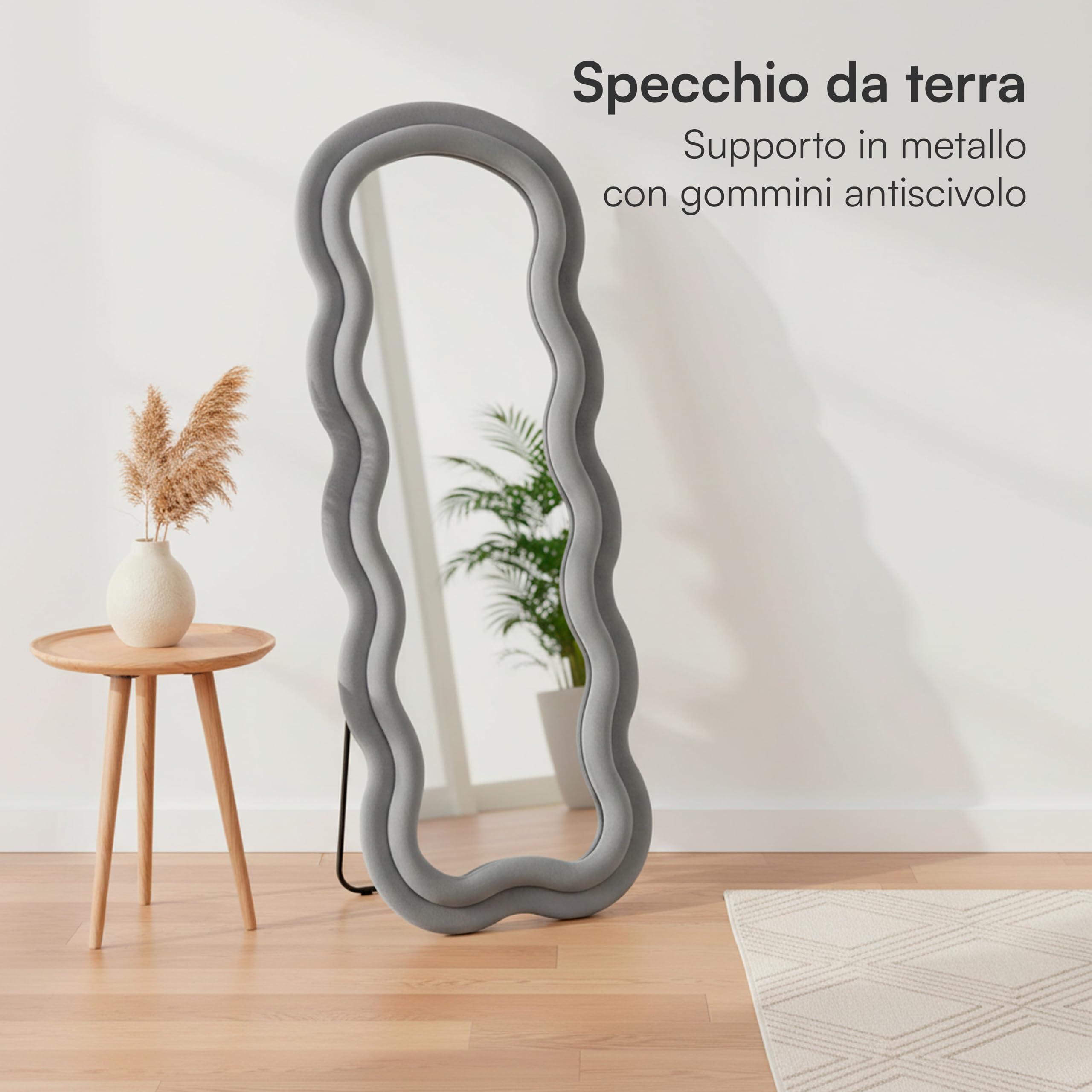 Baroni Home Espejo de pie, espejo con marco ondulado acolchado y revestimiento de terciopelo, para salón, dormitorio, pasillo, 160 x 60 cm, terciopelo gris