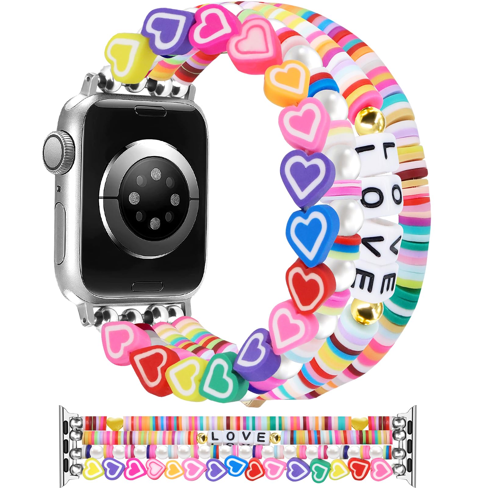 Newlibery Beaded Bracelets Band Compatible with Apple Watch 38mm 40mm 41mm 42mm (S10/11) Women Cute Fancy Preppy Handmade Elastic Stretch Strap for