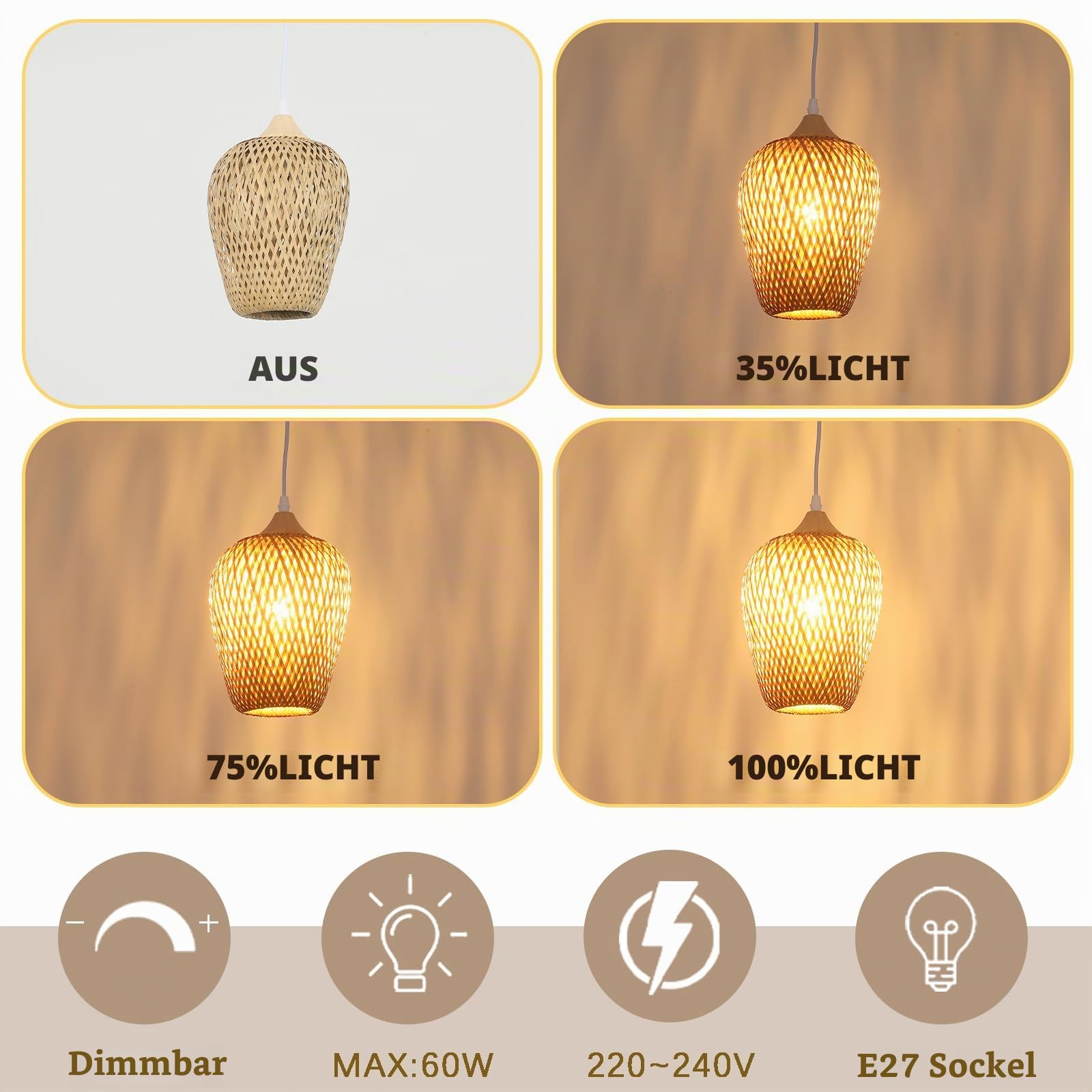 Lampenschirm Bambus Und Holz Boho,Handgewebt Doppelschicht Pendelleuchte Esstisch Vintage KüChe Lampe Dekor Eine-Licht HäNgelampe FüR Schlafzimmer Kronleuchter Wohnzimmer