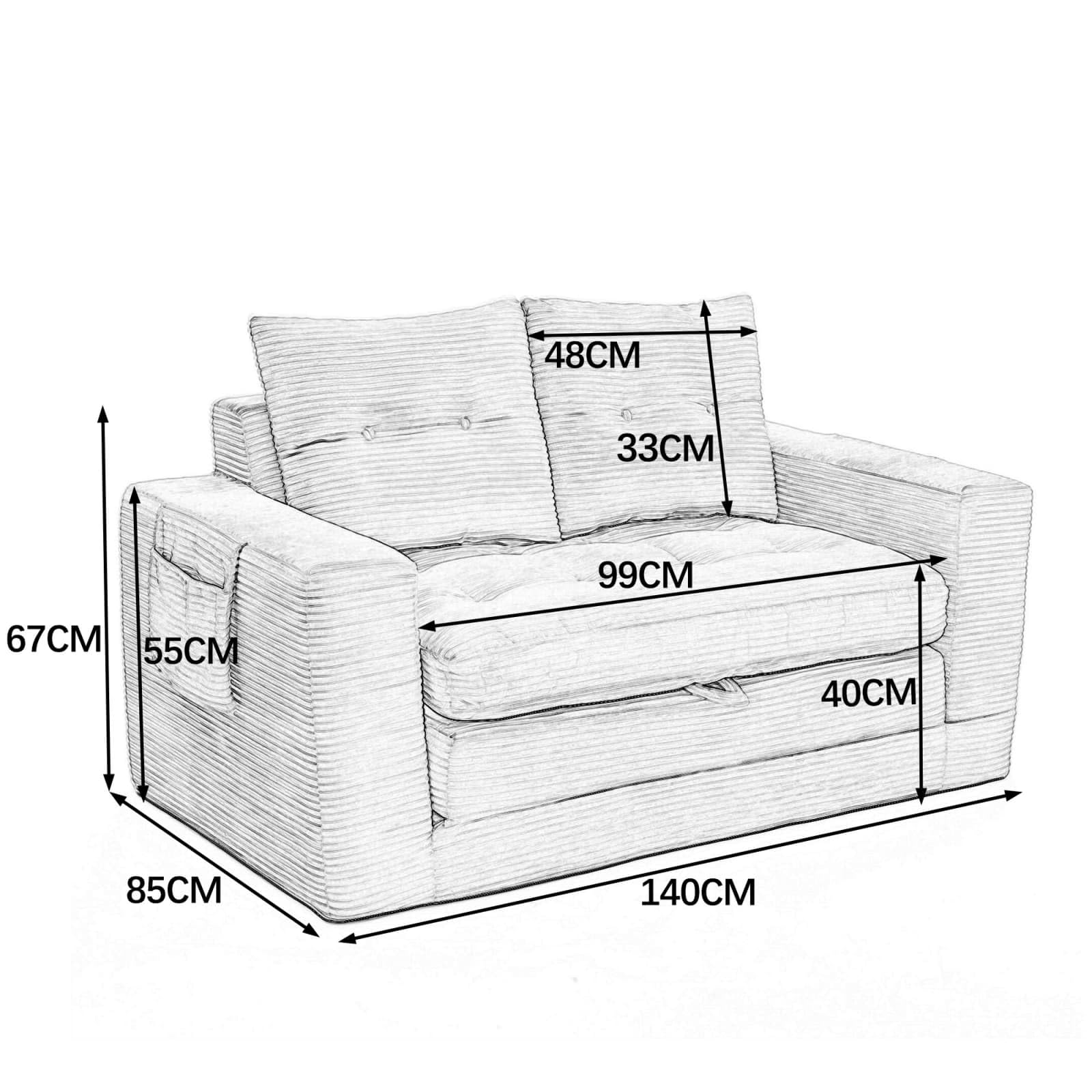 KOMHTOM Banquette Convertible 2 Places Canapé Lit Compact avec Poches Latérales pour Salon Chambre Bureau Velours Côtelé Noir(Black)
