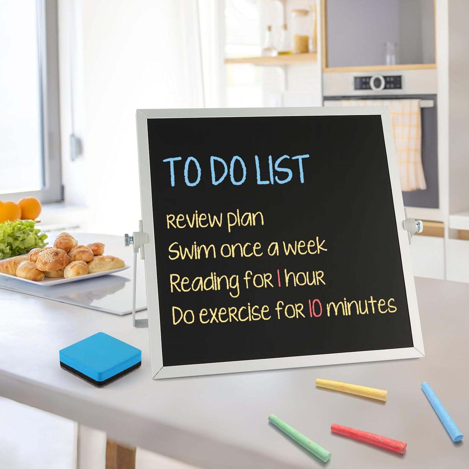Small Magnetic Chalk Board Easel 10"X10", Double-Sided Tabletop & Wall Hanging Chalkboard with 4 Chalks & Eraser, Desktop Mini Black Board Sign for Office Desk Home Menu and School image 4