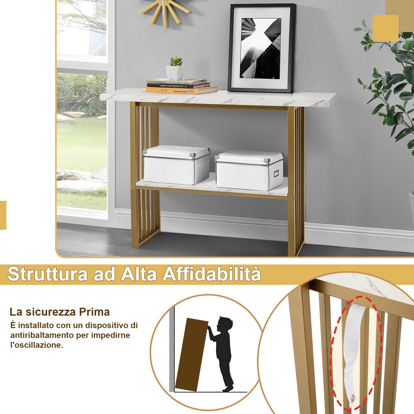 COSTWAY Tavolo da Ingresso Stretto e Compatto, Tavolo da Divano in Finto Marmo con Struttura in Acciaio, Consolle Moderno per Salotto e Corridoio, 120 x 29,5 x 92,5 cm (Bianco e oro)