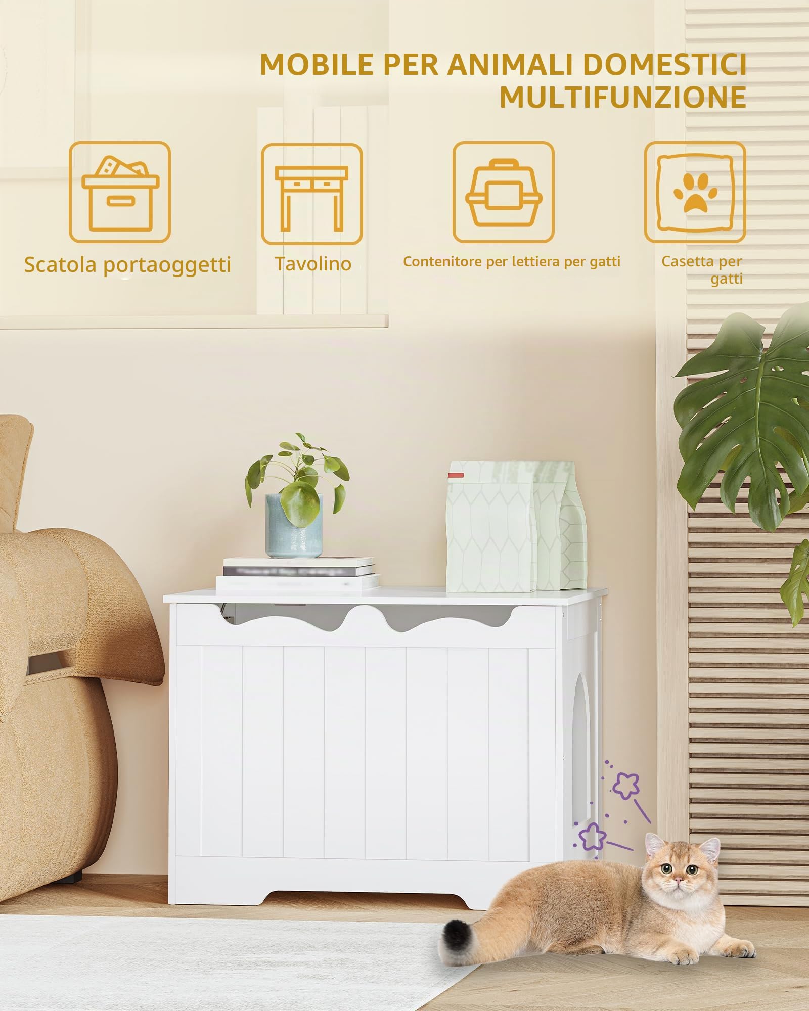 Hzuaneri Mobile Lettiera per Gatti, 70 cm Bianco Mobiletto per Lettiera | 70 x 50 x 53 cm Armadietto per Gatti, Con Apertura Superiore e Nascosta, Cuccia per Gatto da Interno, Contenitore, CB84803X