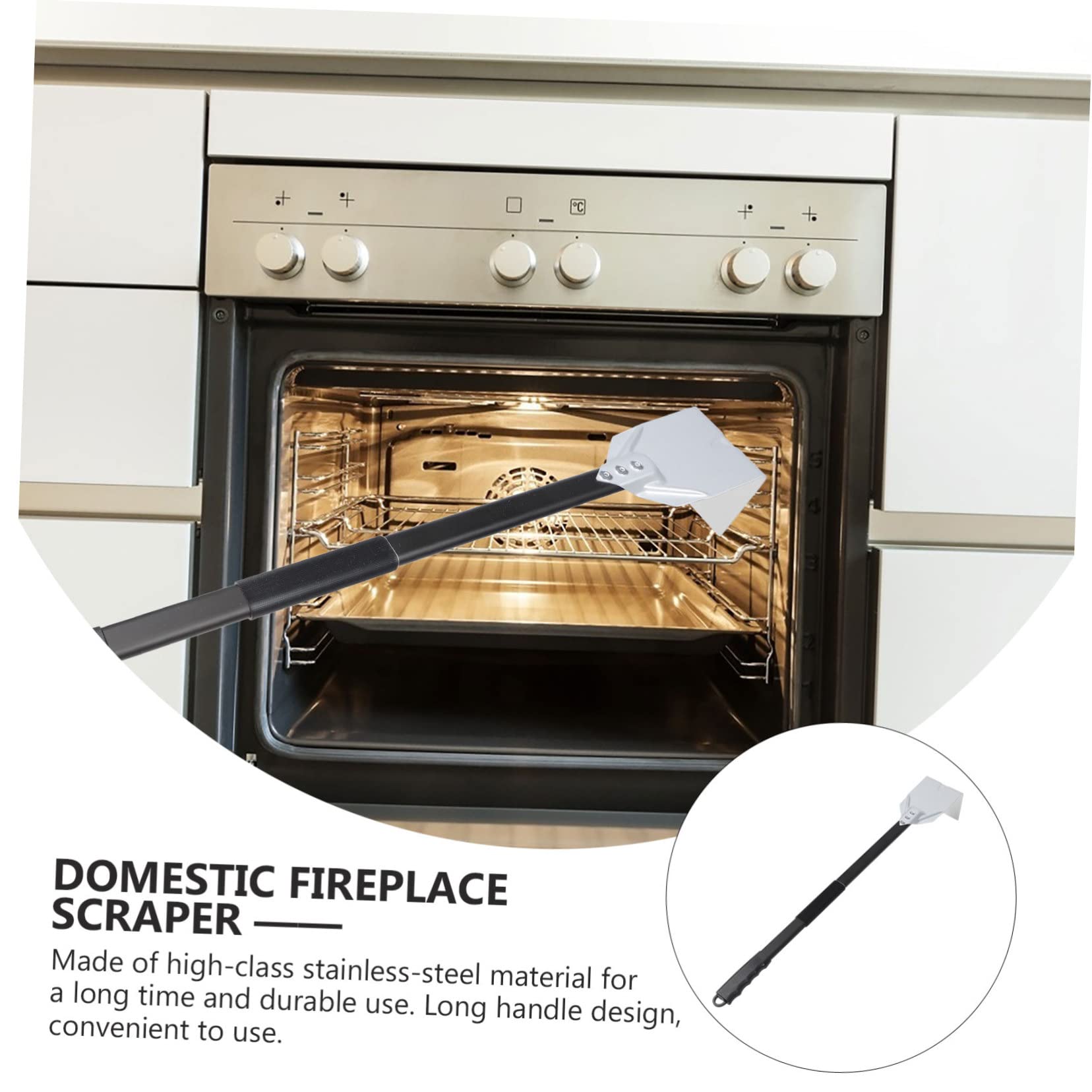 Mikikit Grill Scraper Dust Sweep Stainless Steel Fireplace Ash Rake BBQ Grill Cleaner Accessories Non-Slip Long Handle Cleaning Tool