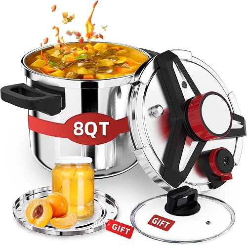 3-In-1 304 Stainless Steel Pressure Cooker 8 QT: [Save 70% Time] | [3 PSI Settings], One-Hand Locking Pressure Canner, Induction Compatible Olla de Presion, Glass Lid & Steamer Rack Included