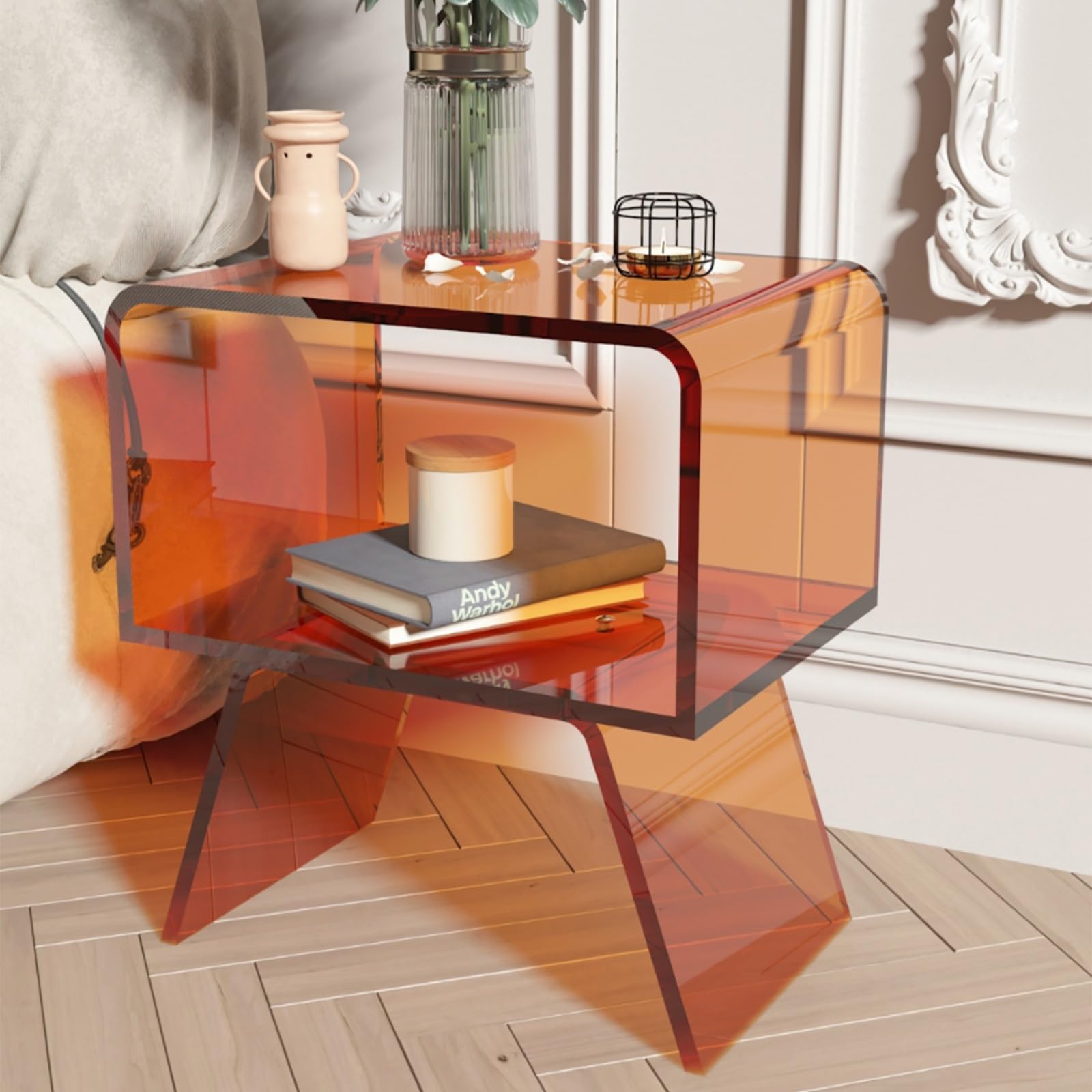 AMZBNEIDI Clear Acrylic Side Table Narrow, Coffee Side Table, Chic Acrylic End Table/Nightstand/Bedside(Orange)