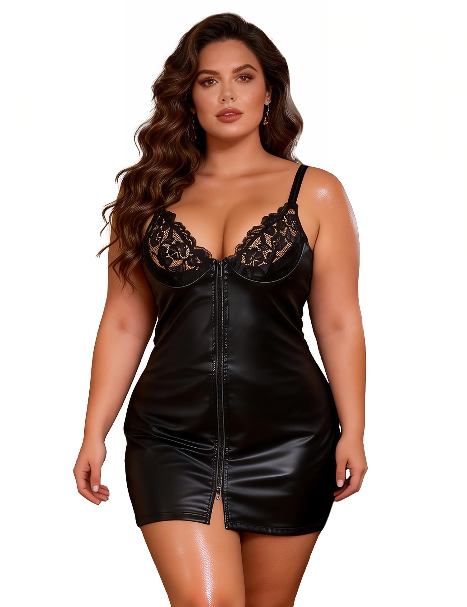 comeondear Seksowna skórzana sukienka damska, koronkowa sukienka wetlook, zestaw bielizny ze sztucznej skóry, sukienka na imprezę, mini sukienka, do klubu, duże rozmiary, bielizna erotyczna, czarny, M