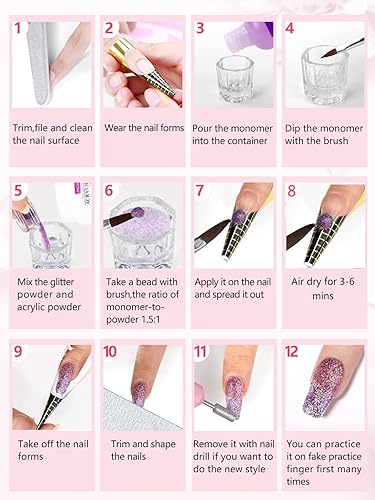 Miniatura 6 de Kit de uñas acrílicas de 42 colores con taladro y luz UV, polvo de uñas acrílico, purpurina y líquido monómero con bolsa de almacenamiento de uñas,