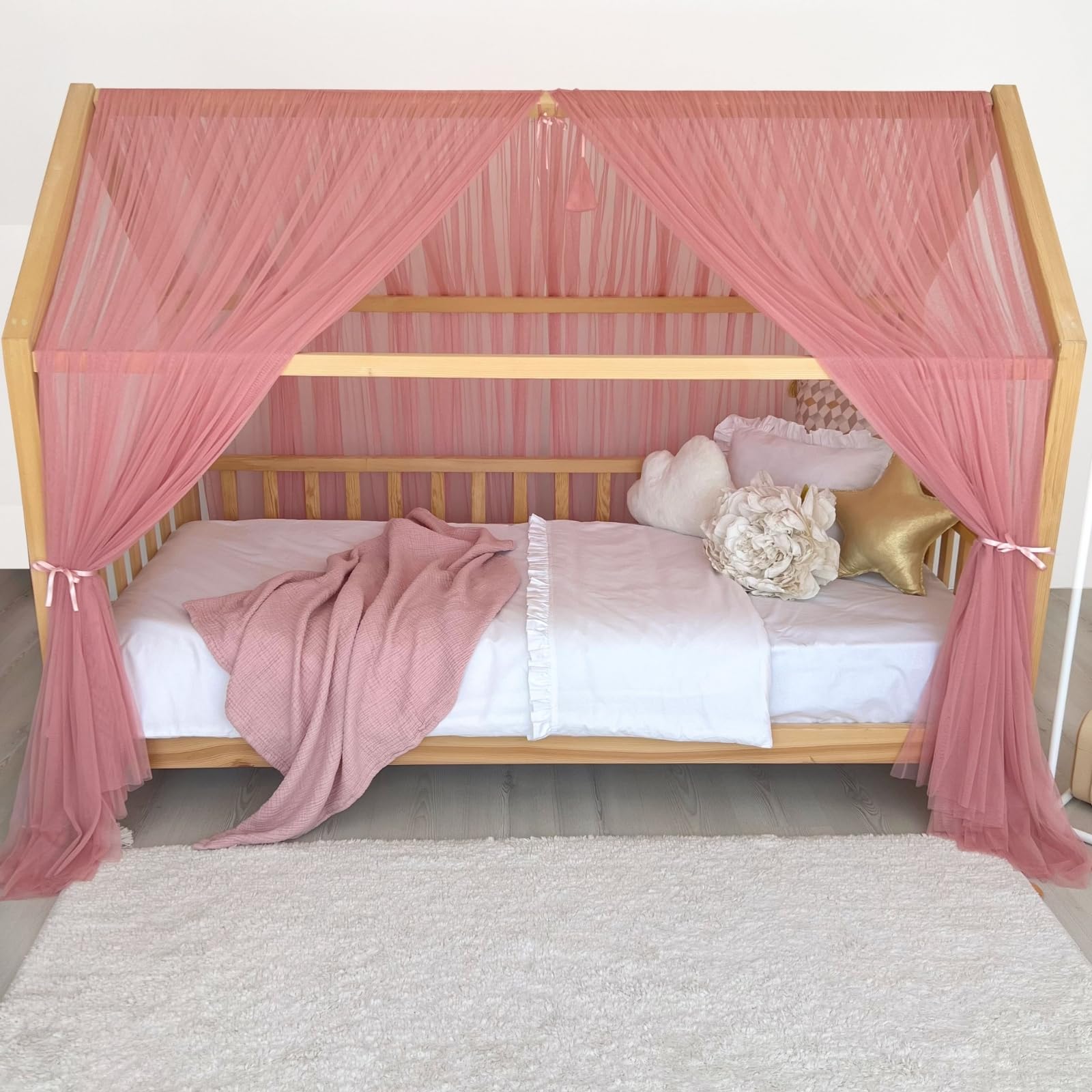 Tenda a baldacchino per letto della cameretta dei bambini, decorazione per letto montessori, tenda da gioco in morbido tulle per bambini (blu, 340 cm, set da 4)