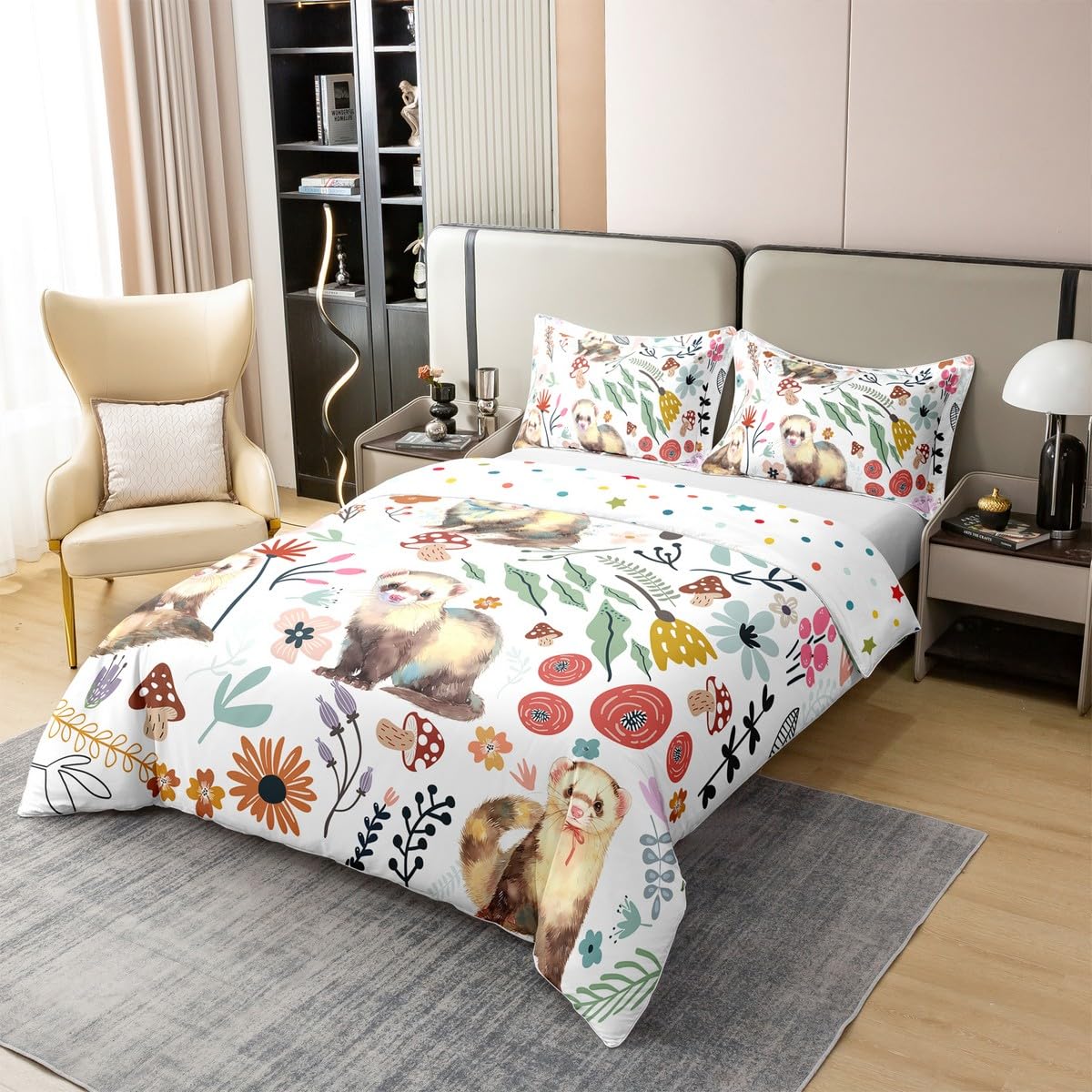 Kinder Kawaii Otter 100% Baumwolle Bettbezug 135x200,Nette Unterwasser Tier Tröster Abdeckung für Jungen Mädchen,Pilz Floral Pflanzen Bettwäsche Set,Cartoon Tier Bettdecke Abdeckung