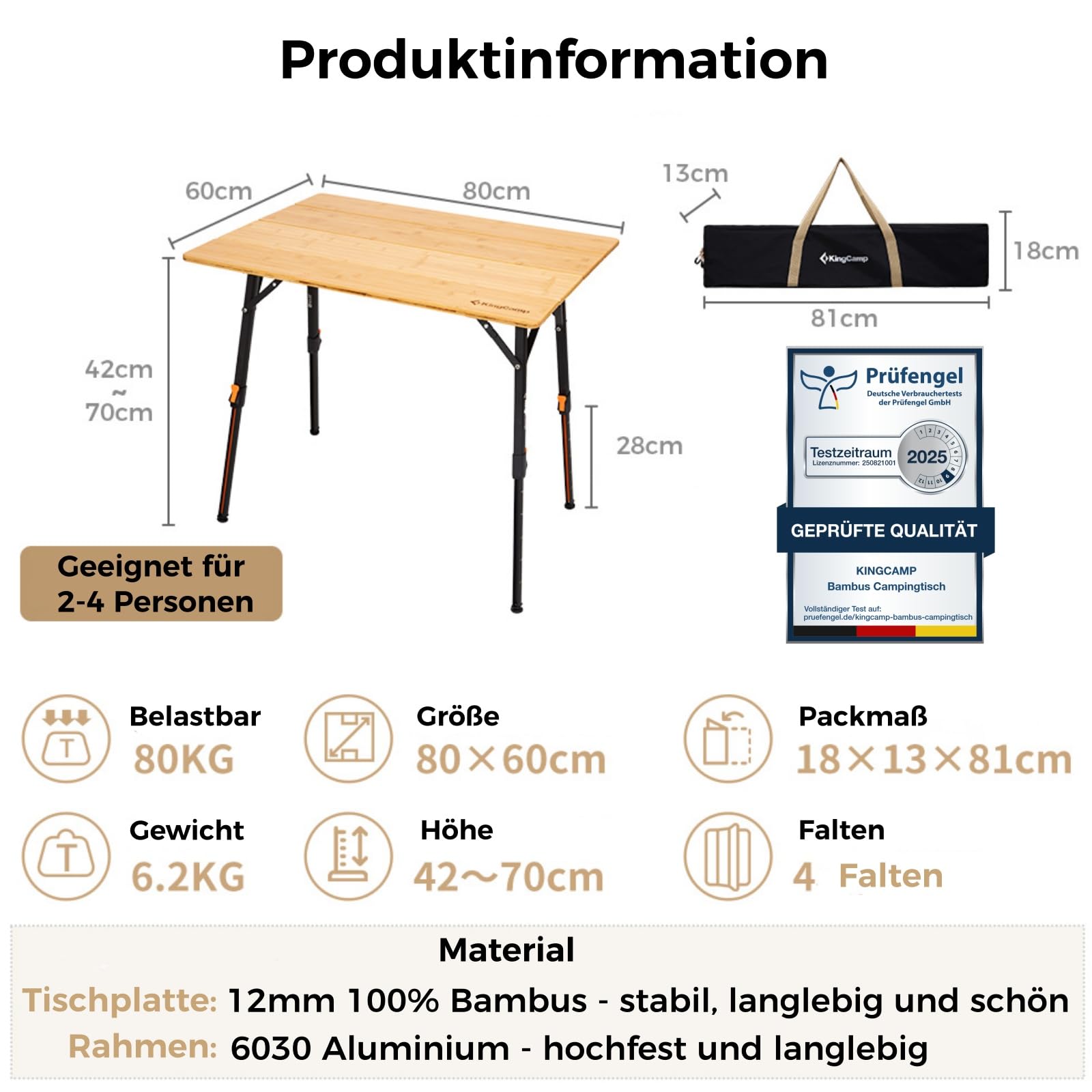 KingCamp Campingtisch Bambus 80 x 60 cm Klapptisch höhenverstellbar 42~70cm für 2-4 Personen 4 Falten Campingtisch Klappbar belastbar bis 80kg