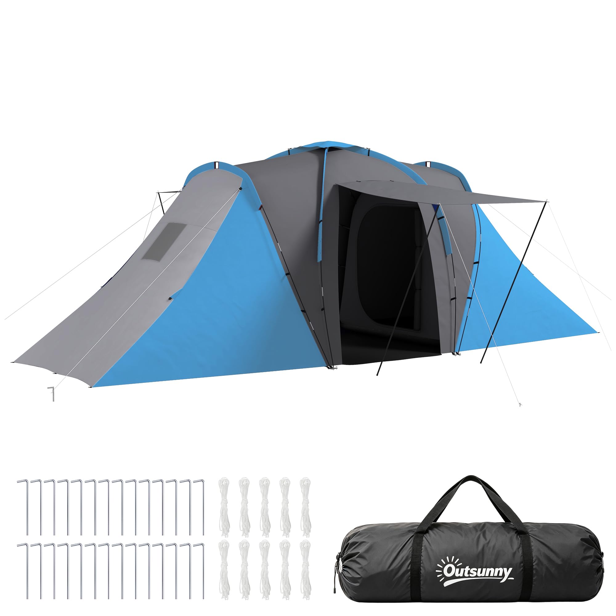 Outsunny Tenda a tunnel ventilata 4-6 Pers. 5,55 x 2,25 x 1,9 m, blu e grigio scuro | Campeggio familiare, 4 posti, leggero, 2 porte grandi, montaggio semplice, fibra di vetro e poliestere