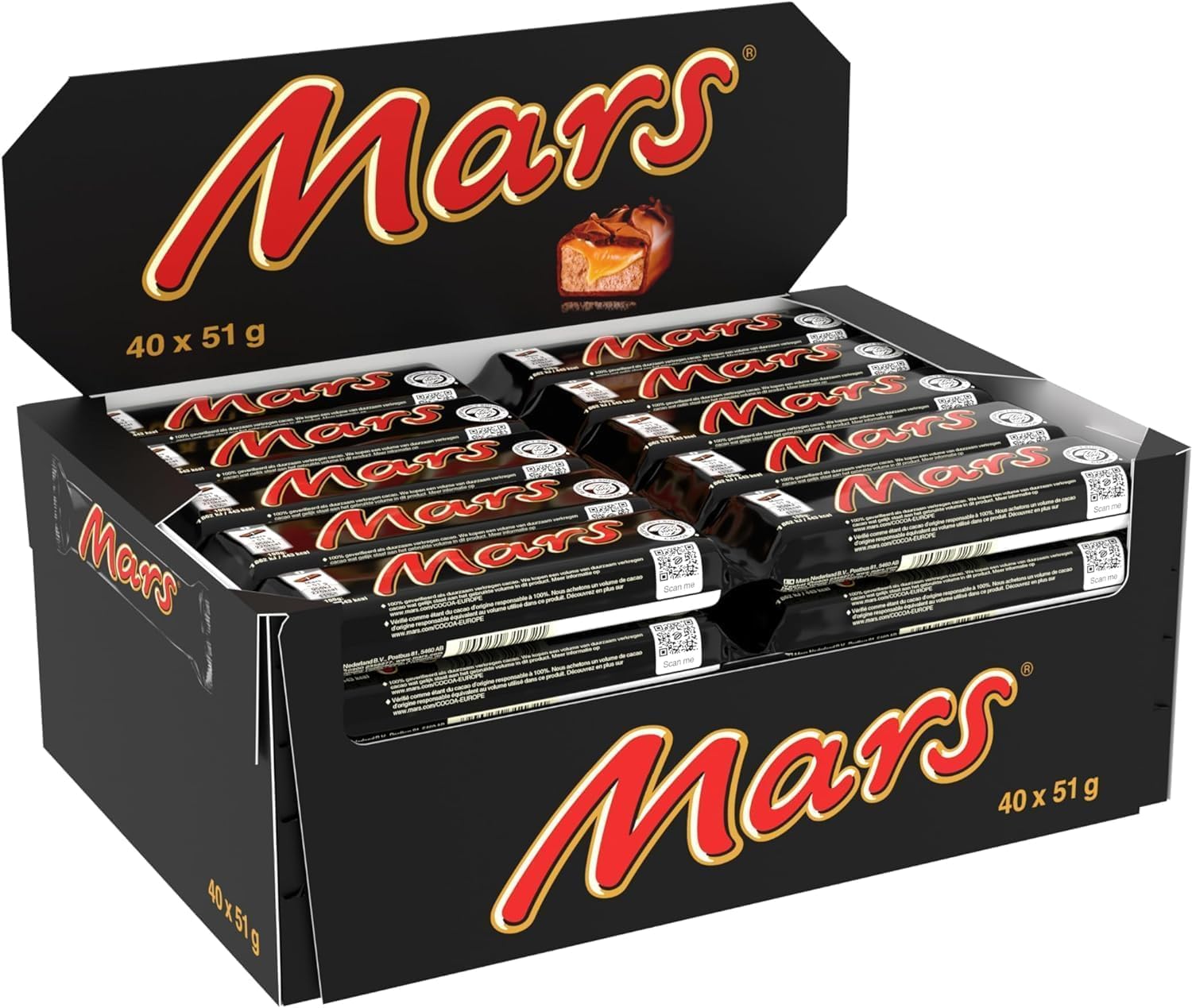 MARS - Barres Chocolat au Lait, Nougat & Caramel - Grand format - 40 barres chocolatées individuelles de 51g