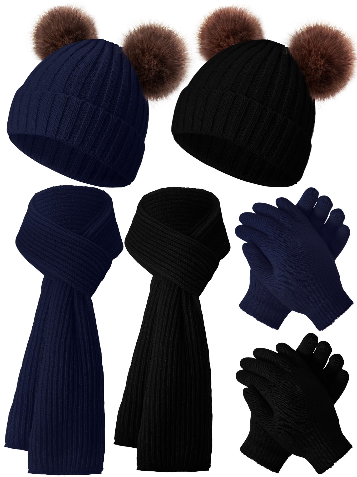 JaGely 2 Sets Kids Winter Hat Gloves Scarf Set Girls and Boys Knit Hat with Pom Warm Scarf Snow Gloves for 3-10 Years Toddler