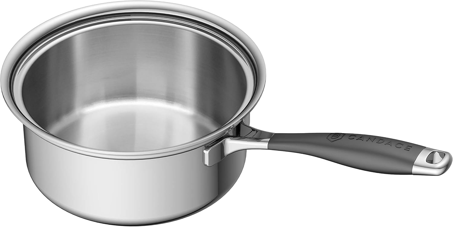 CookCraft by Candace | 3 Quart Tri-Ply Bonded Stainless Steel Aluminum Core Dishwasher Safe Sauce Pan with Glass Latch Lid