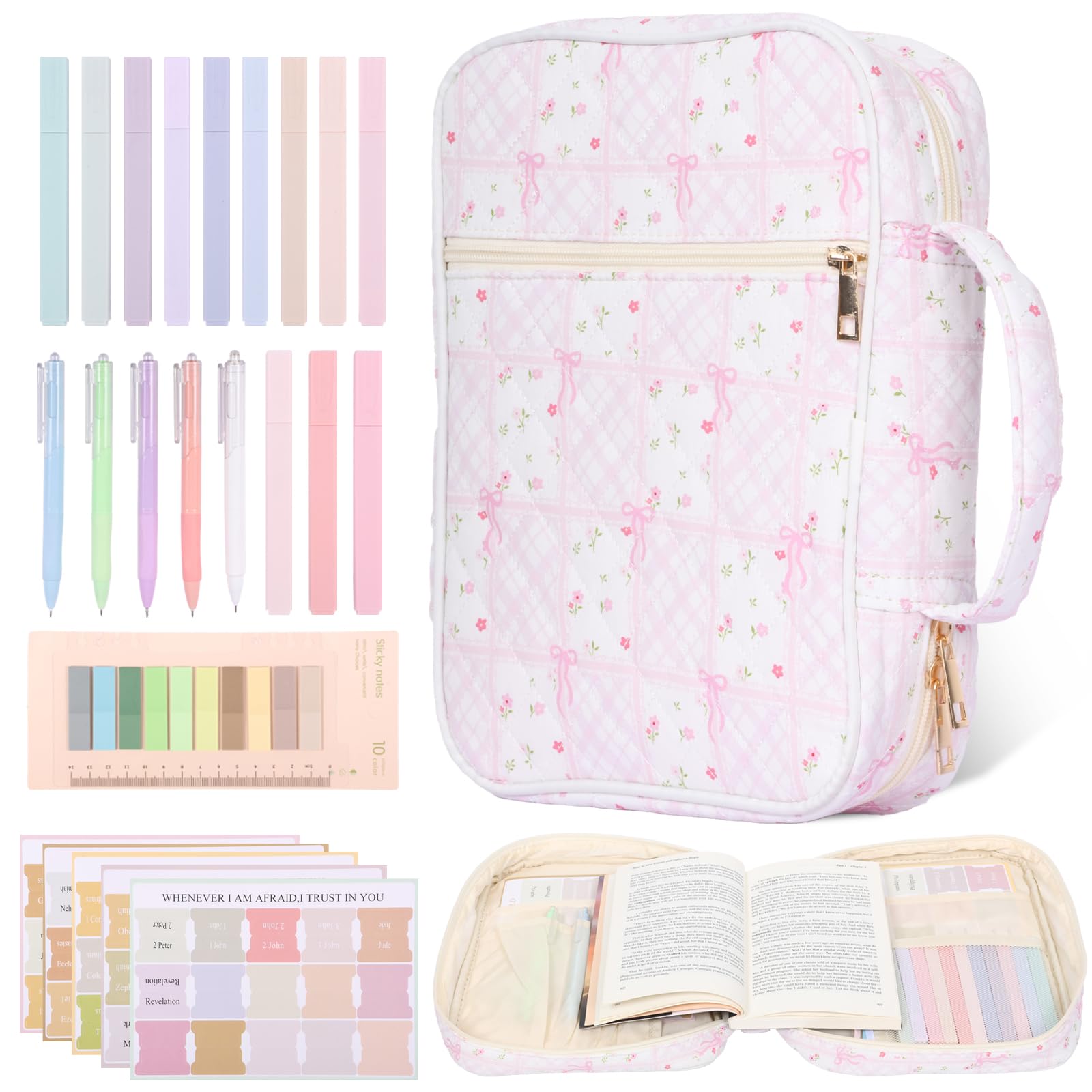 Bible Cover Case for Women, Large Capacity Bible Cover Bag with 293 Pcs Study Supplies Include 12 Highlighters, 5 Ballpoint Pens, Bookmark, Sticky Notes, Christian Present for Women, Teens(Style 2)