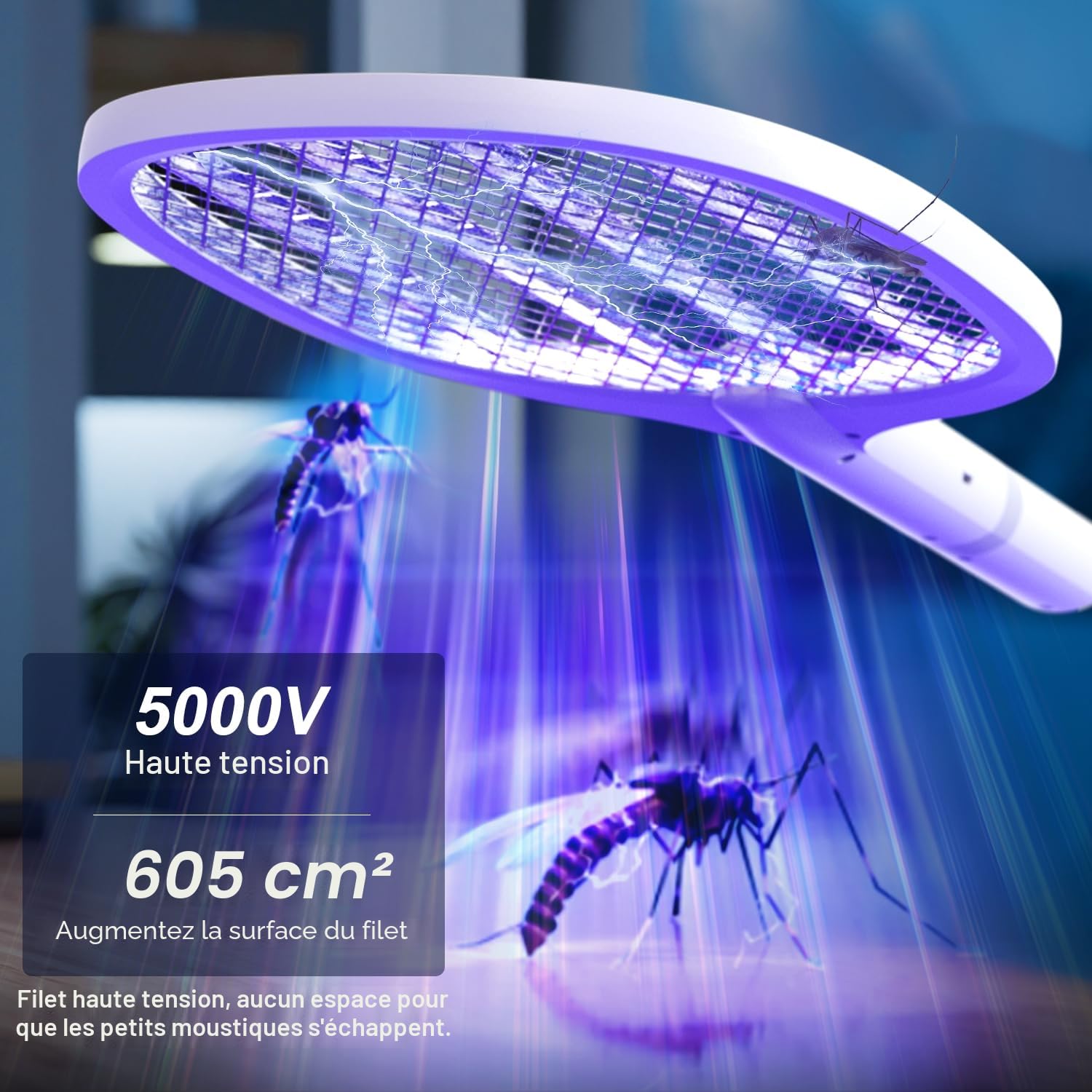 Raquette Electrique Insectes 5000V, 2000 mAh Raquette Moustique Electrique Raquette Anti Moustique Electrique UV Exterminator avec Base de Recharge, Efficace pour Intérieur Extérieur