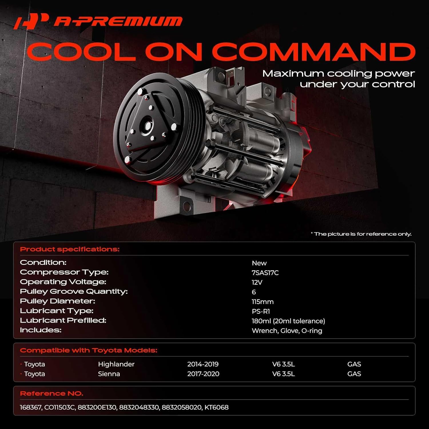 A-Premium A/C Compressor with Clutch Compatible with Toyota Highlander 3.5L 2017-2019, For Rear A/C Only
