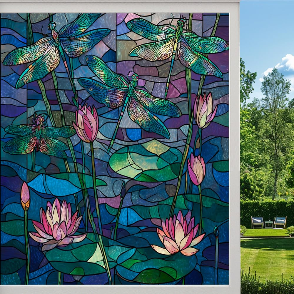 Lotus Dragonfly Pond Frosted Window Film, Colorful Nature Plant Stained Glass Privacy Film, Heat Insulation Self-Adhesive Vinyl for Bathroom Office, （45x100cm）