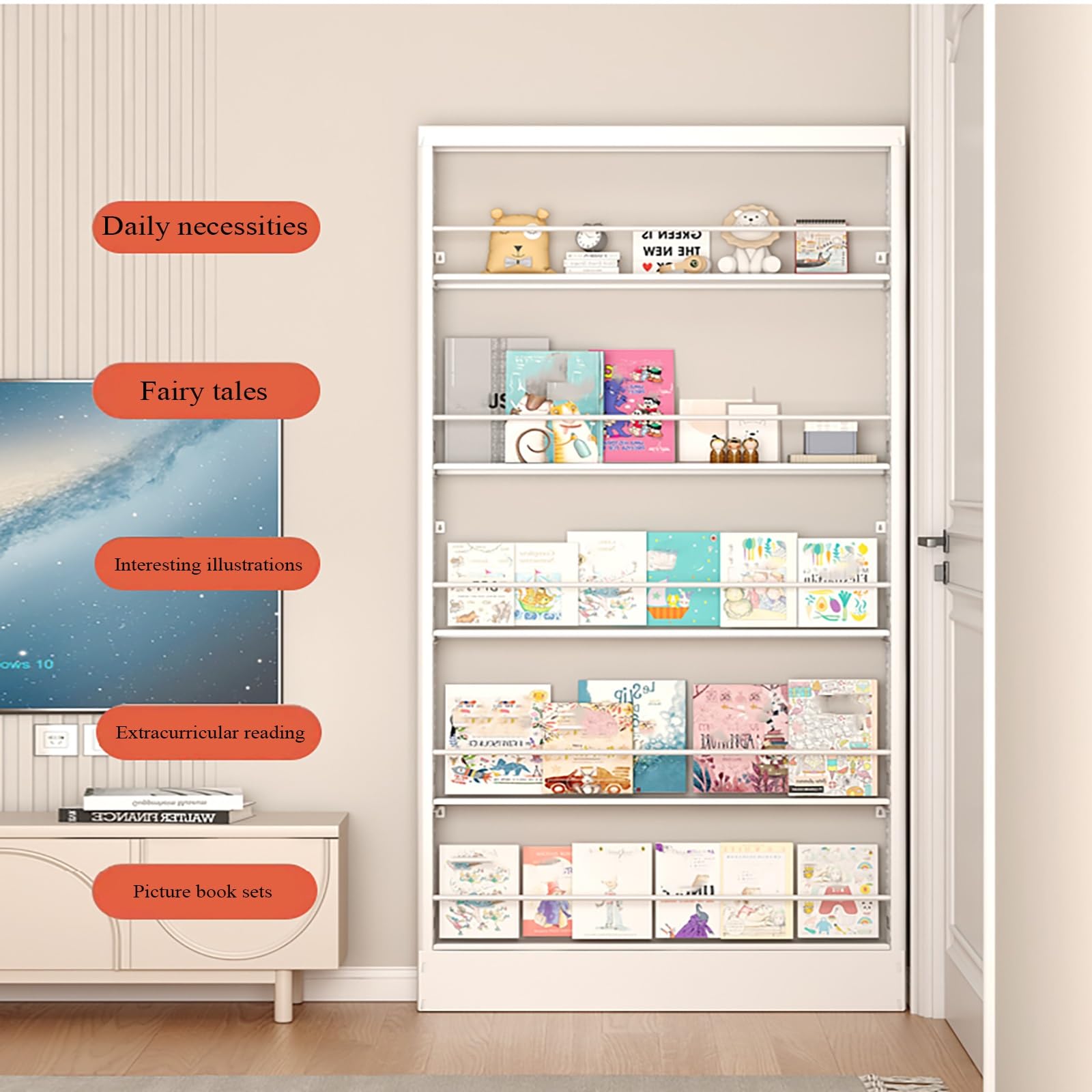 Libreria a 5 ripiani in acciaio, salvaspazio, sottile, per camera da letto, soggiorno, casa, ufficio, moderna Stora Solut per libri Decor e nizers