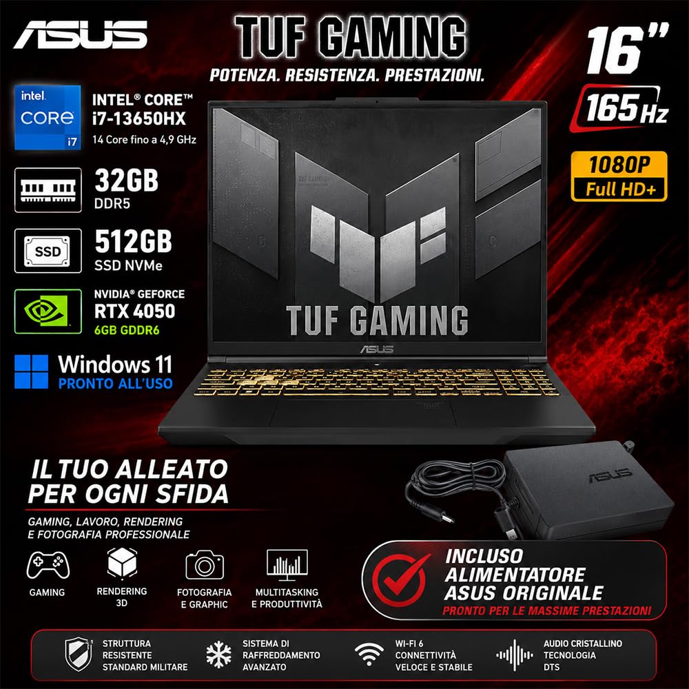 ASUS TUF Notebook Gaming Intel Core i7 13650HX Display 16" FullHD+ | 14 Core fino a 4,9 GHz, RAM 32 GB DDR5, NVIDIA GeForce RTX 4050, SSD NVMe 512 GB, 165Hz Win 11 Pronto all'Uso