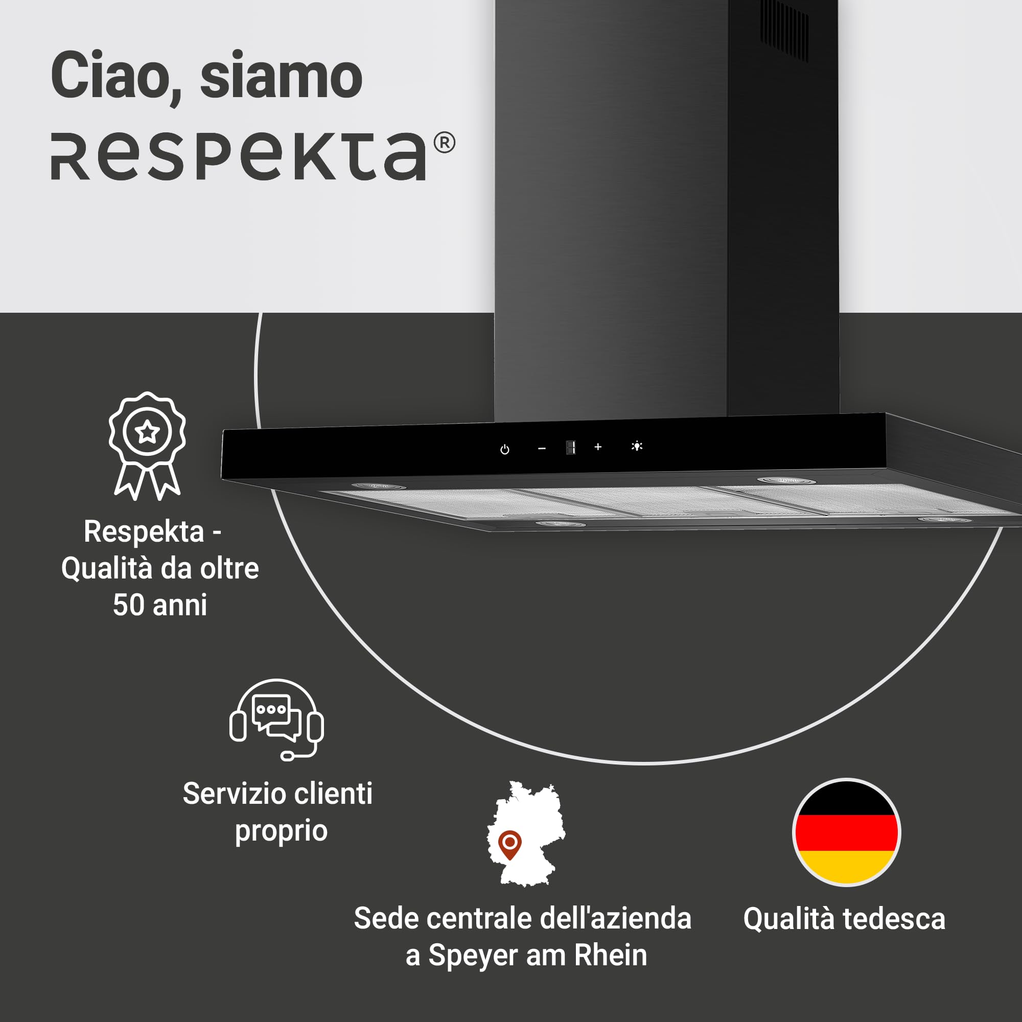 Cappa aspirante a isola, 90 cm, nero opaco, Touch Control Respekta