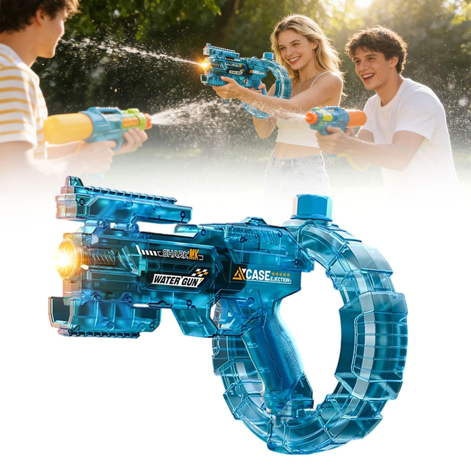 Electric Water Gun for Adults Kids – Automatic Squirt Water Pistol with LED Flame - Summer Outdoor Pool Beach Party Toy, USB Charging Cable, Circular Storage Clip, Filter Hose