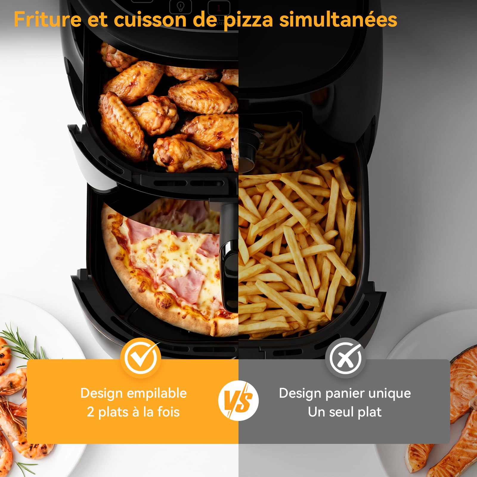 Friteuse à air 8,5L avec deux cavités et four à pizza