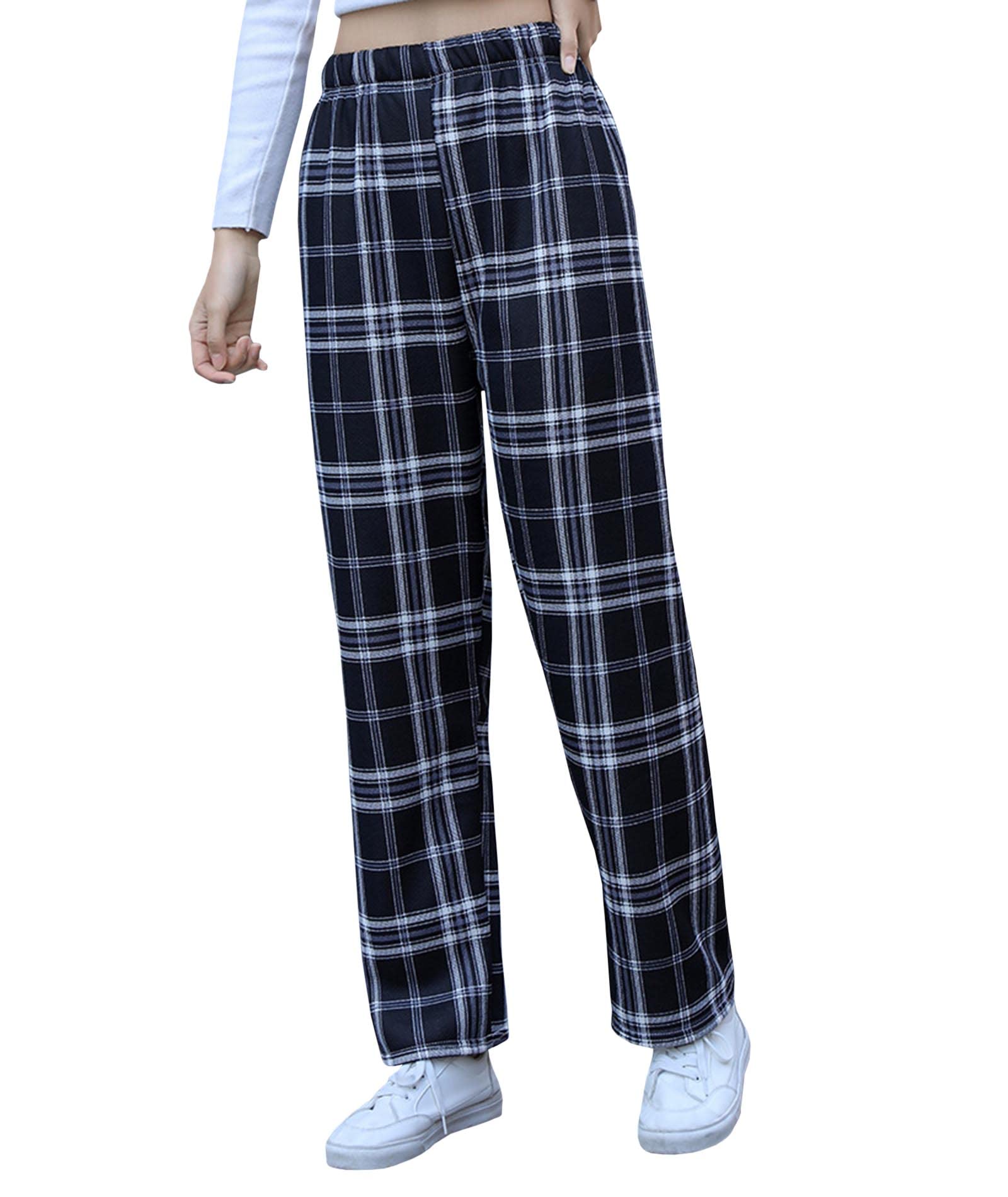 SOMTHRON Womens Summer Tartan Plaid Pants Elastic High Waist Straight Leg Lightweight Full Length Bottom Trousers