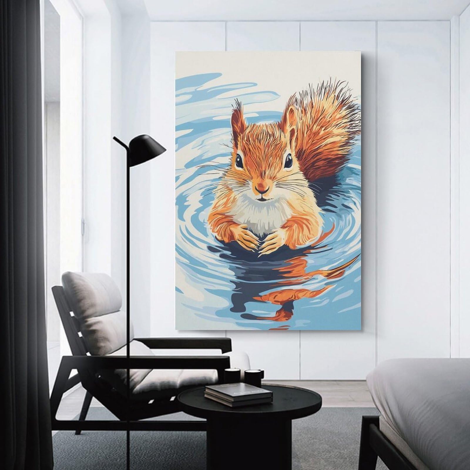 Junmoney Squirrel Swimming in Water Illustration Room Decor Wall Art, 16x24inch(40x60cm), for Hallway, Lounge Or Guest Room, Gift Idea for Housewarming And Birthdays