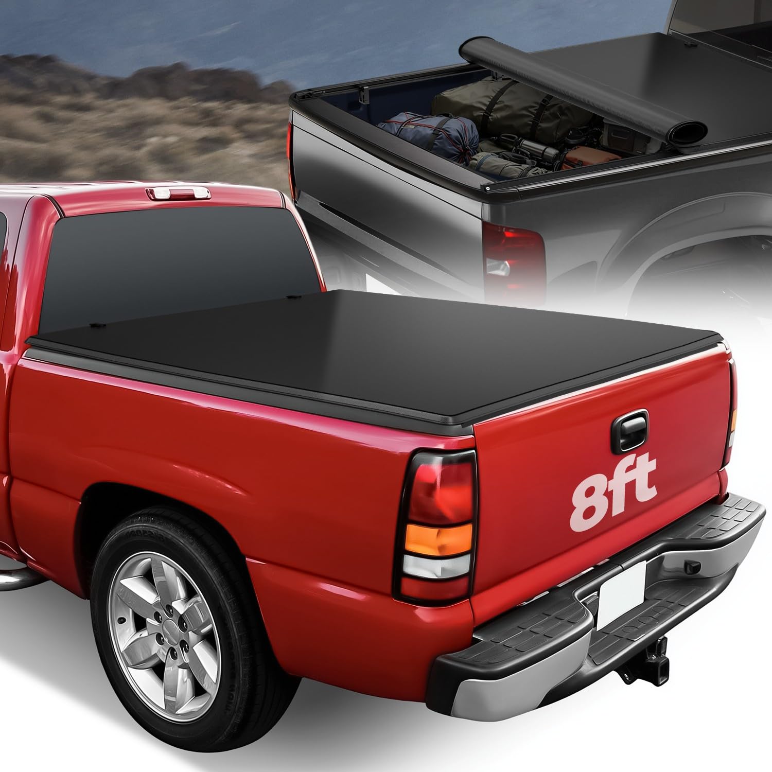 Auto Dynasty Vinyl Soft Top Roll-up Adjustable Truck Tonneau Cover Kit Compatible with Chevy Silverado GMC Sierra 1500 2500HD 3500HD 8Ft Fleetside/Styleside Bed 99-14, Matte Black