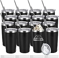 YOUKEOLA 16 Pack 20oz Black Stainless Steel Insulated Tumblers Bulk - Vacuum Powder Coated Coffee Mugs with Lids Straws for Laser Engraving Gifts