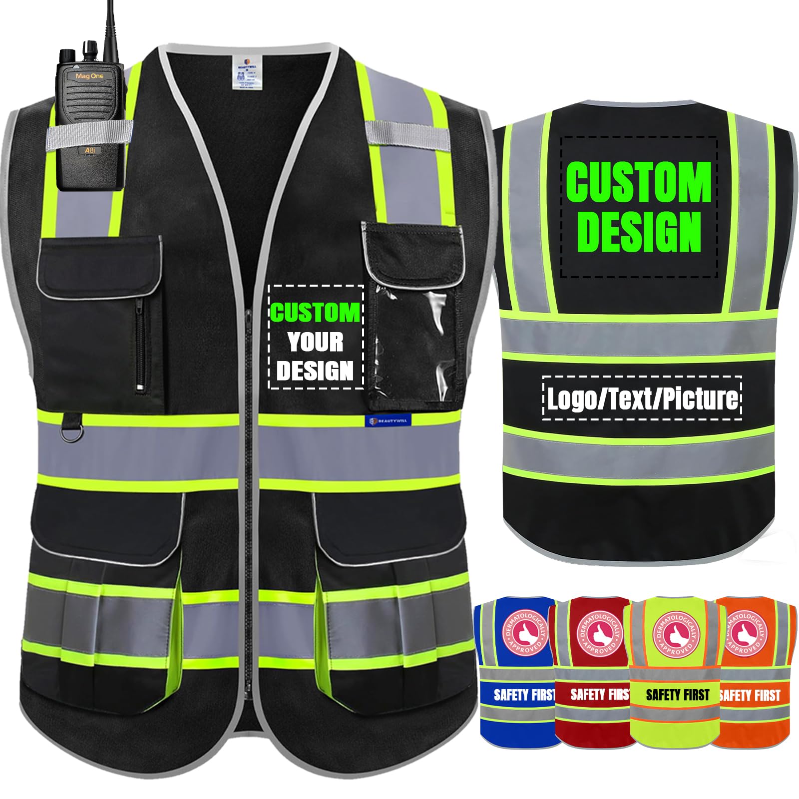 BeautyWill Custom Logo 10 Pockets Safety Vest Class2 ANSI Certified High Visibility Reflective Vest