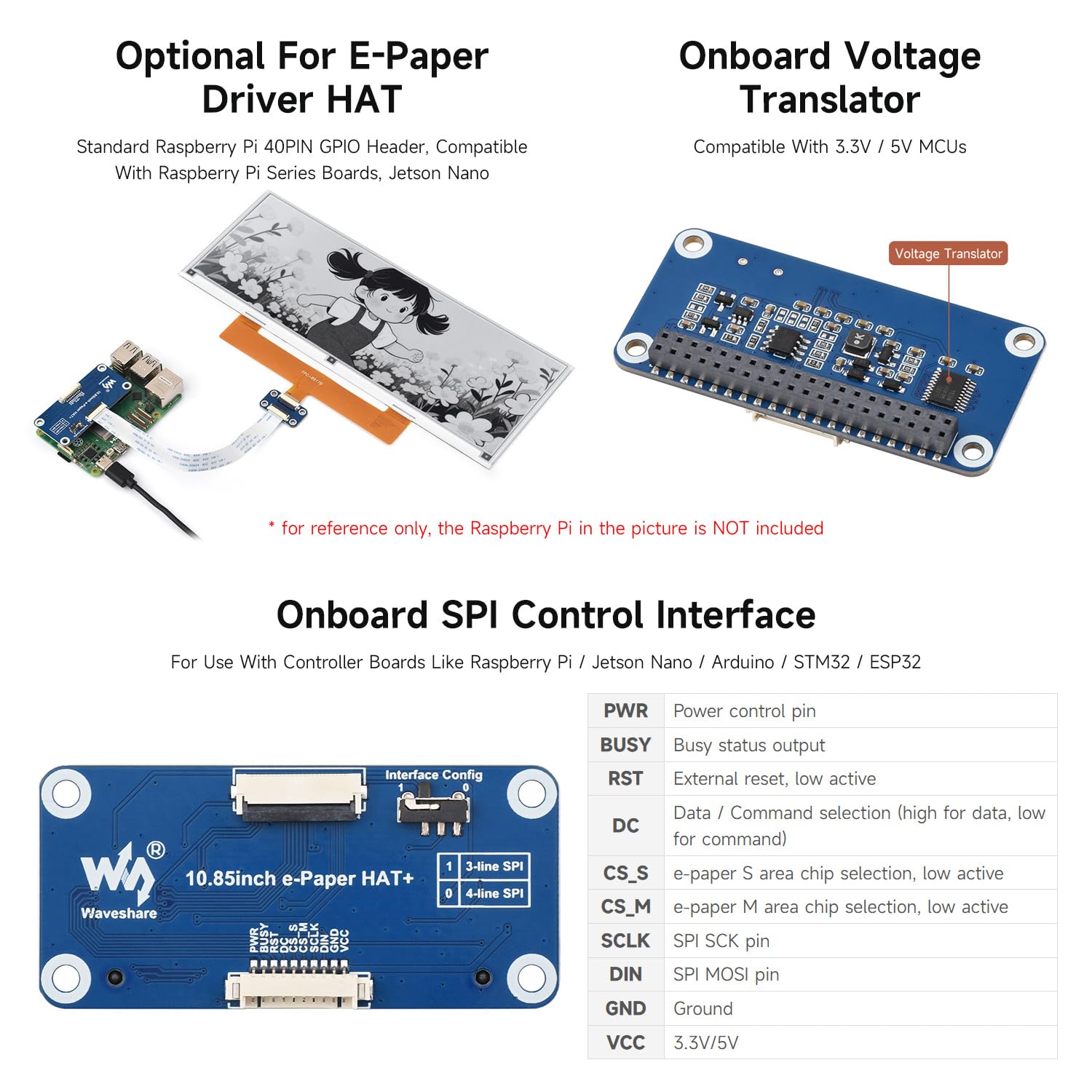 Waveshare 10.85inch e-Paper Display, Compatible with Raspberry Pi 5/4B/3B/Zero/Zero W/Zero 2W/Pico/Pico W/Pico WH, E-Ink Display, 1360 × 480, Black/White, SPI Interface, with Driver Board