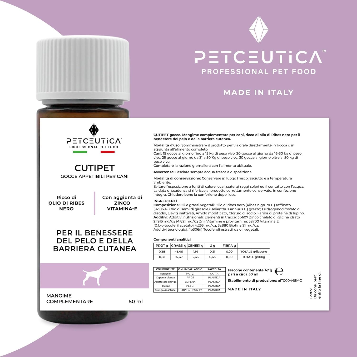 PETCEUTICA Protocollo Skin Pet per Cane, Gocce e Probiotici, Olio di Ribes e Fermenti Lattici, Asse Intestino-Pelle, Made in Italy