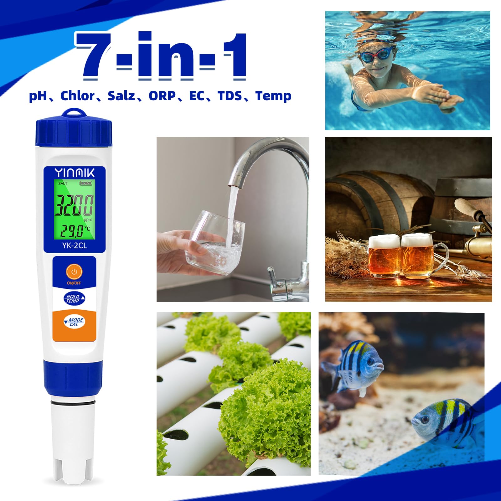 7 in 1 pH Messgerät Wasser, Pool Chlor Messgerät, Digitales pH Salzgehalt Messgerät, pH Leitfähigkeit Messgerät für Hydrokultur, YINMIK pH Chlor Salz EC TDS ORP Temp Messgerät für Aquarium Trinkwasser