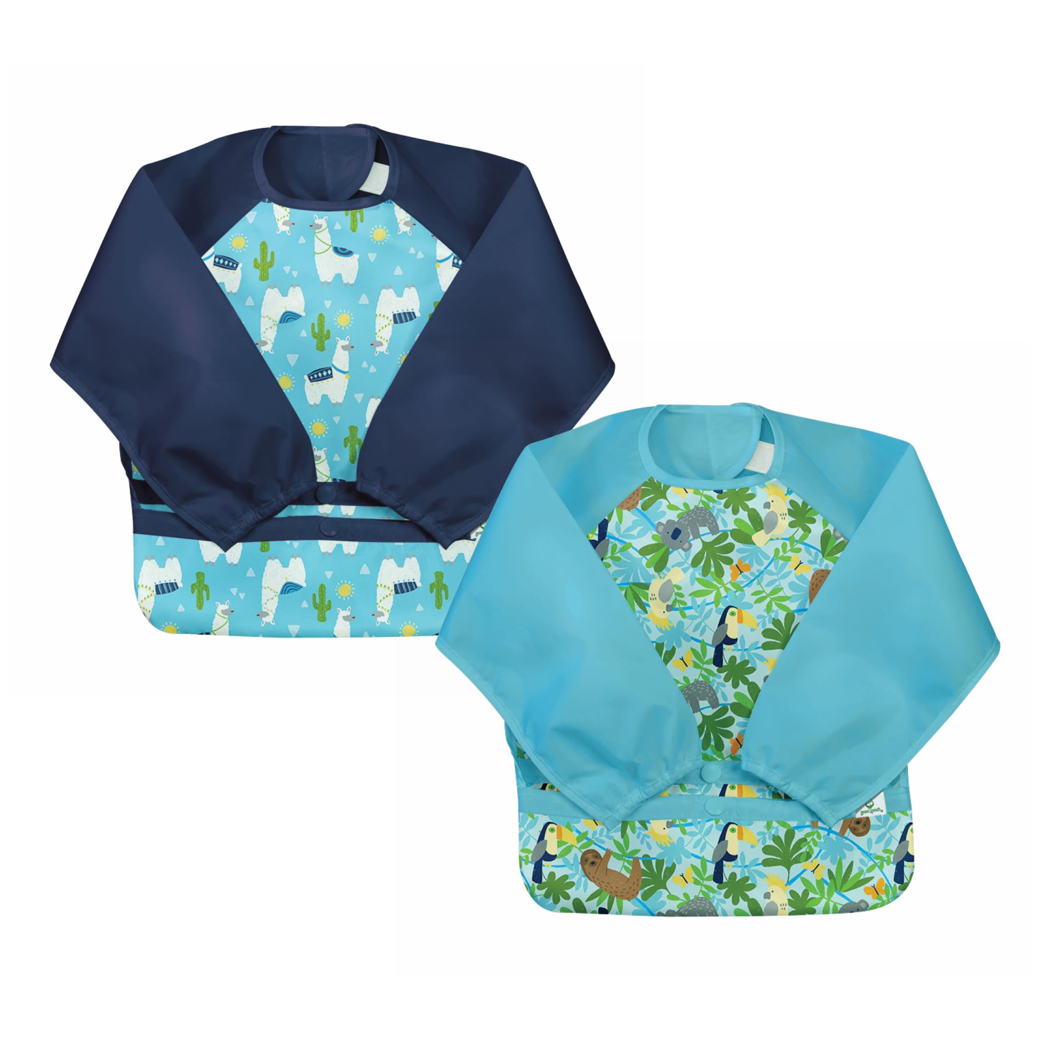 green sproutsSnap & Go Easy-wear Long Sleeve Bib (2 pack)-Aqua Llamas & Aqua Sloth Jungle-2T-4T