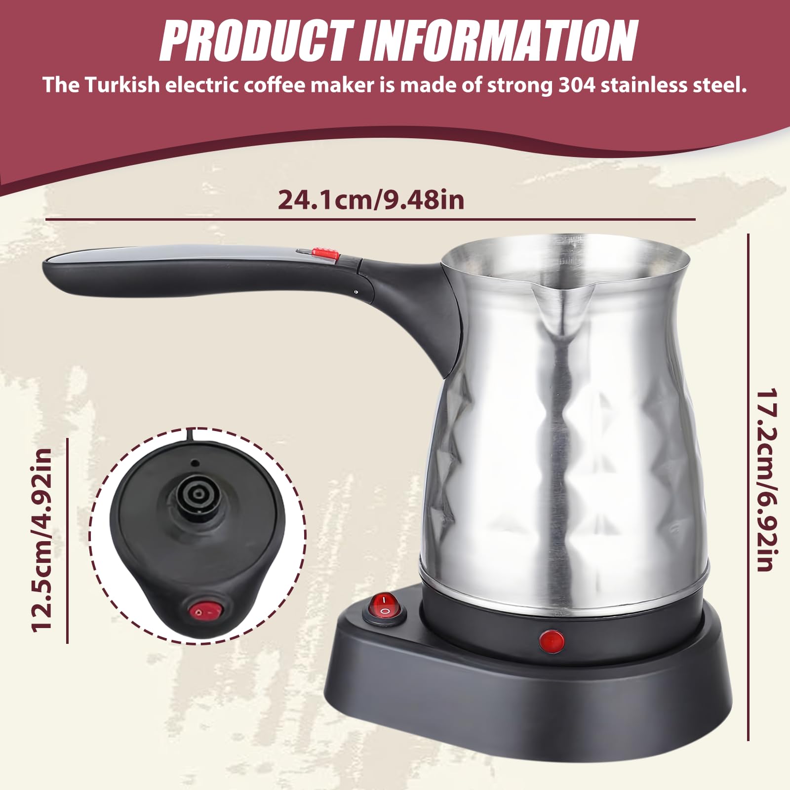 Elektrische Türkische Kaffeemaschine, 500ML Edelstahl Turkischer Kaffeekocher mit Faltbar Handgriff, Türkischer Mokkakocher, für Familie, Büro - 600W - Silber