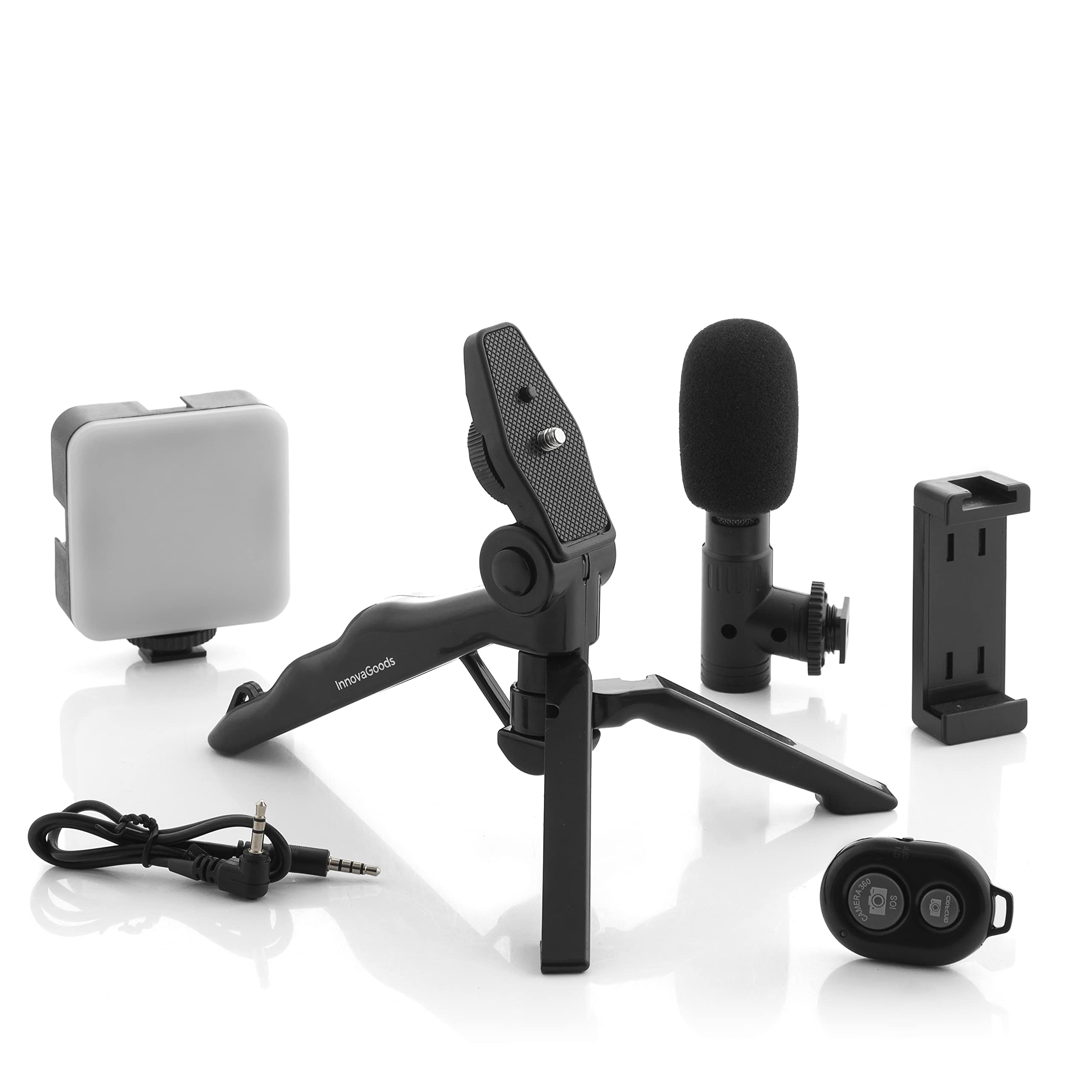 InnovaGoods® Kit de vlogging (6 piezas), tripode para movil graba vídeos de forma profesional, con aro de luz LED, micrófono y mando, ideal para vloggers, YouTubers y creadores de contenido.