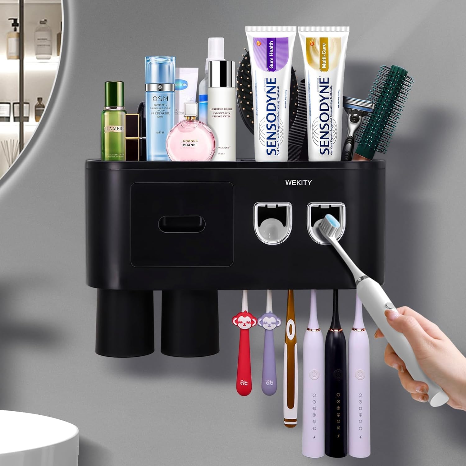 Multifunctional Wall-Mounted Toothbrush Holder, Automatic Toothpaste Dispenser Space Saving Toothbrush and Toothpaste Holder, with 2 Cups and Drawers Cosmetic Organizer (Black 2 Dispensers)