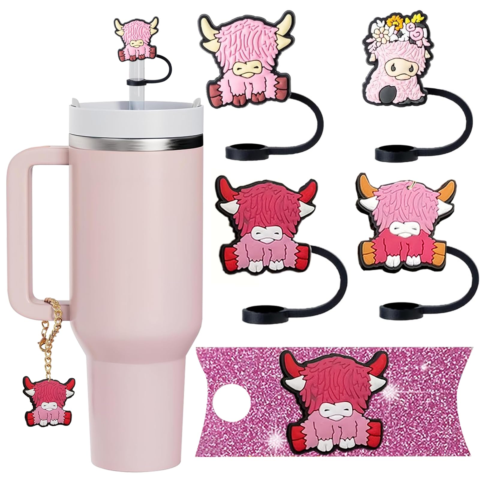 ACEGENIU Straw Cover Cap for Stanley Cup,0.4in/10mm Silicone Pink Highland Cattle Straw Topper Accessories for Stanley 40 Oz
