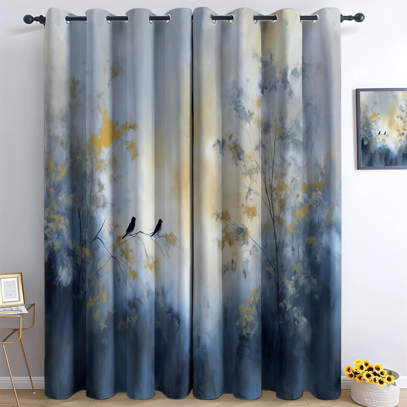 Grau Blickdicht Vorhänge für Wohnzimmer Gemälde Baum Vogel Verdunklungsvorhang mit Ösen, Blickdicht Gardinen Thermovorhang für Schlafzimmer Deko 2er Set, H 260 x B 140 cm